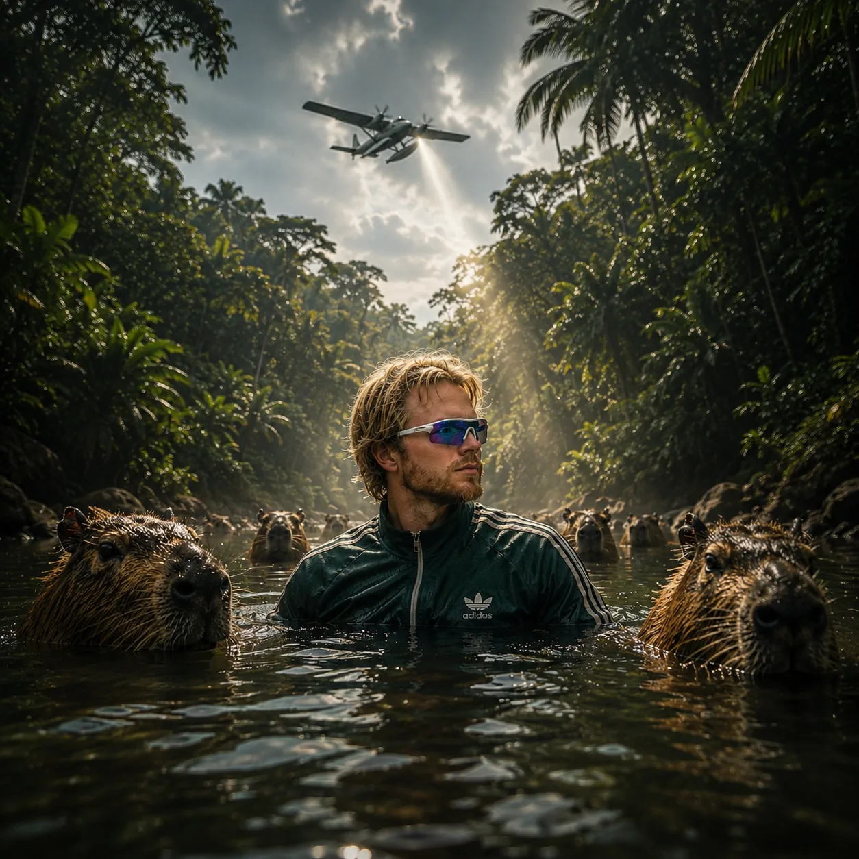 Undercover Caipirinha EP cover by Svão Paulo: a square photograph of the artist in a green Adidas tracksuit and mirrored wraparound sunglasses, standing chest-deep in a slow-moving Amazonian river surrounded by a group of capybaras. A small floatplane banks low through a shaft of light in the cloudy sky overhead, above the dense rainforest canopy — as if tailing him.
