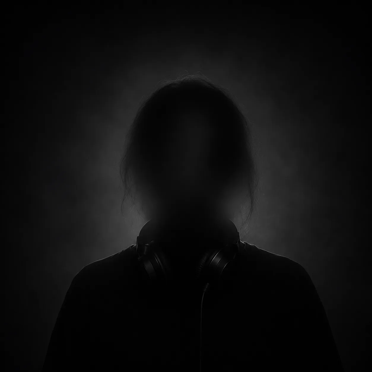 Anonymous portrait of DJ █████ 'KEFIR' — a shadowed, face-obscured figure with shoulder-length hair and over-ear headphones slung around the neck, photographed against a deep black backdrop.