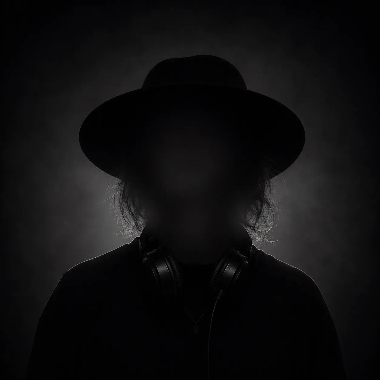 Anonymous portrait of OPERATIVE ███ 'GLÖGG' — a shadowed, face-obscured figure in a wide-brimmed black hat with over-ear headphones around the neck, photographed against a deep black backdrop.