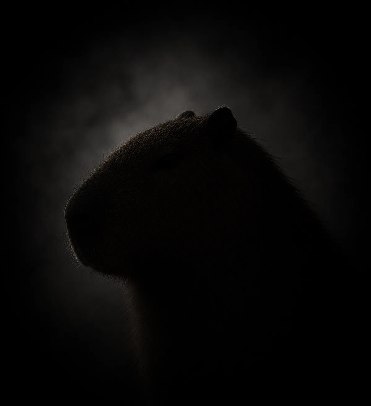 Profile silhouette of a capybara — head and shoulders rendered in deep shadow against a black backdrop with a faint atmospheric glow behind it. An honorary member of The Chunky Squad.