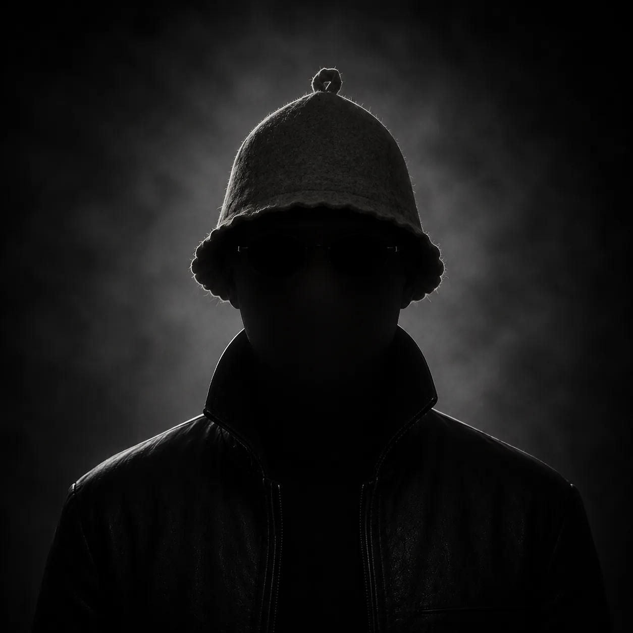 Anonymous portrait of a Chunky Squad operative — a shadowed, face-obscured figure wearing the SVÃO sauna cap and a dark leather jacket with high collar, photographed against a deep black backdrop.