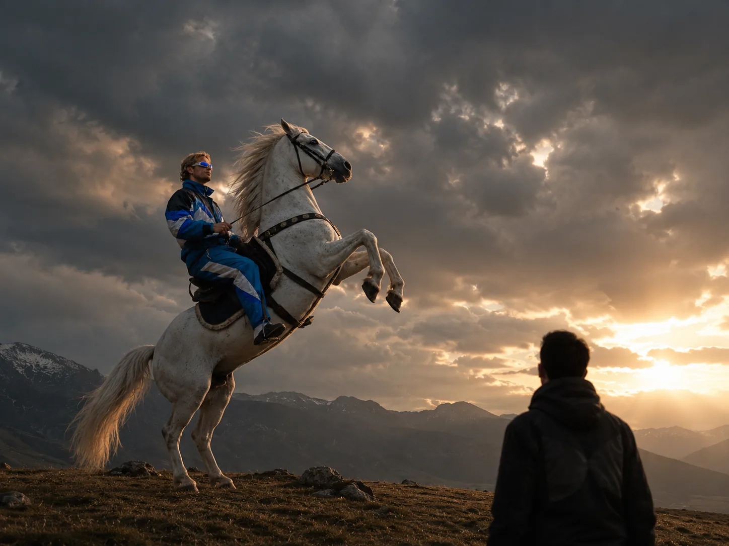 Svão Paulo, dressed in his trademark blue-and-white tracksuit, riding a rearing white horse on a Scandinavian mountain ridge at sunset, with a lone figure watching from the right — a dramatic recreation of his exile from Sweden.
